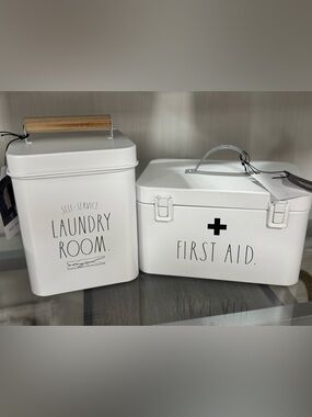 Rae Dunn White Laundry Room & First Aid Metal Storage Set